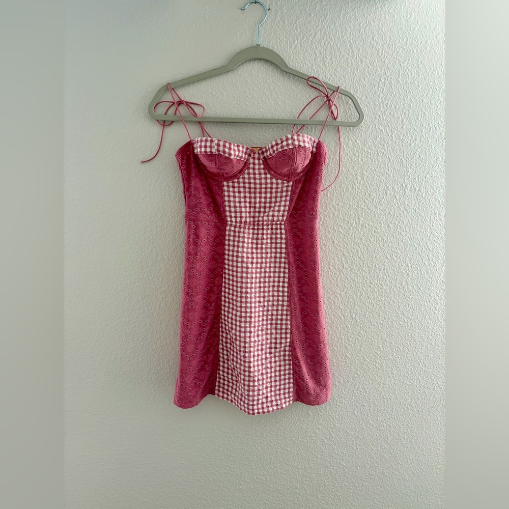 Urban Outfitters Pink Gingham Corset Mini Dress Eyelet Bustier SP - Picture 3 of 15